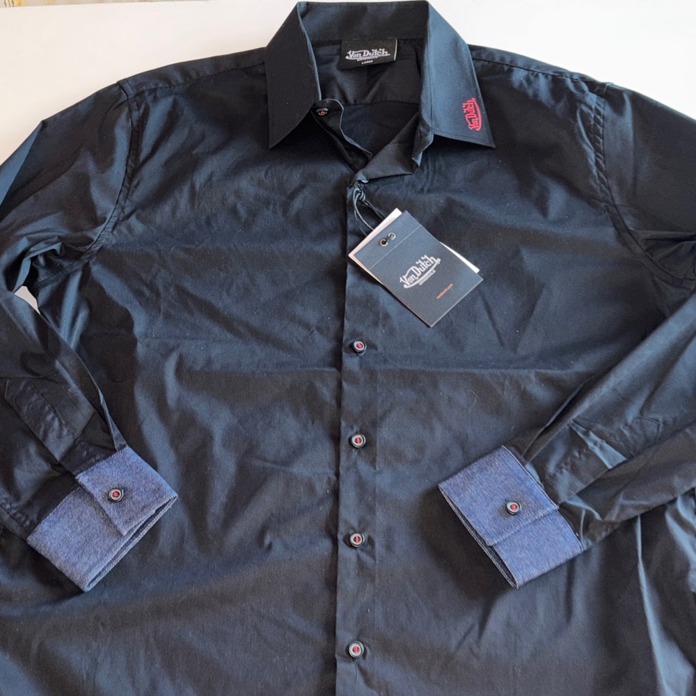 Von Dutch Solid Black Lion Graphic Logo Button Down Denim Cuffs Men’s XL NWT